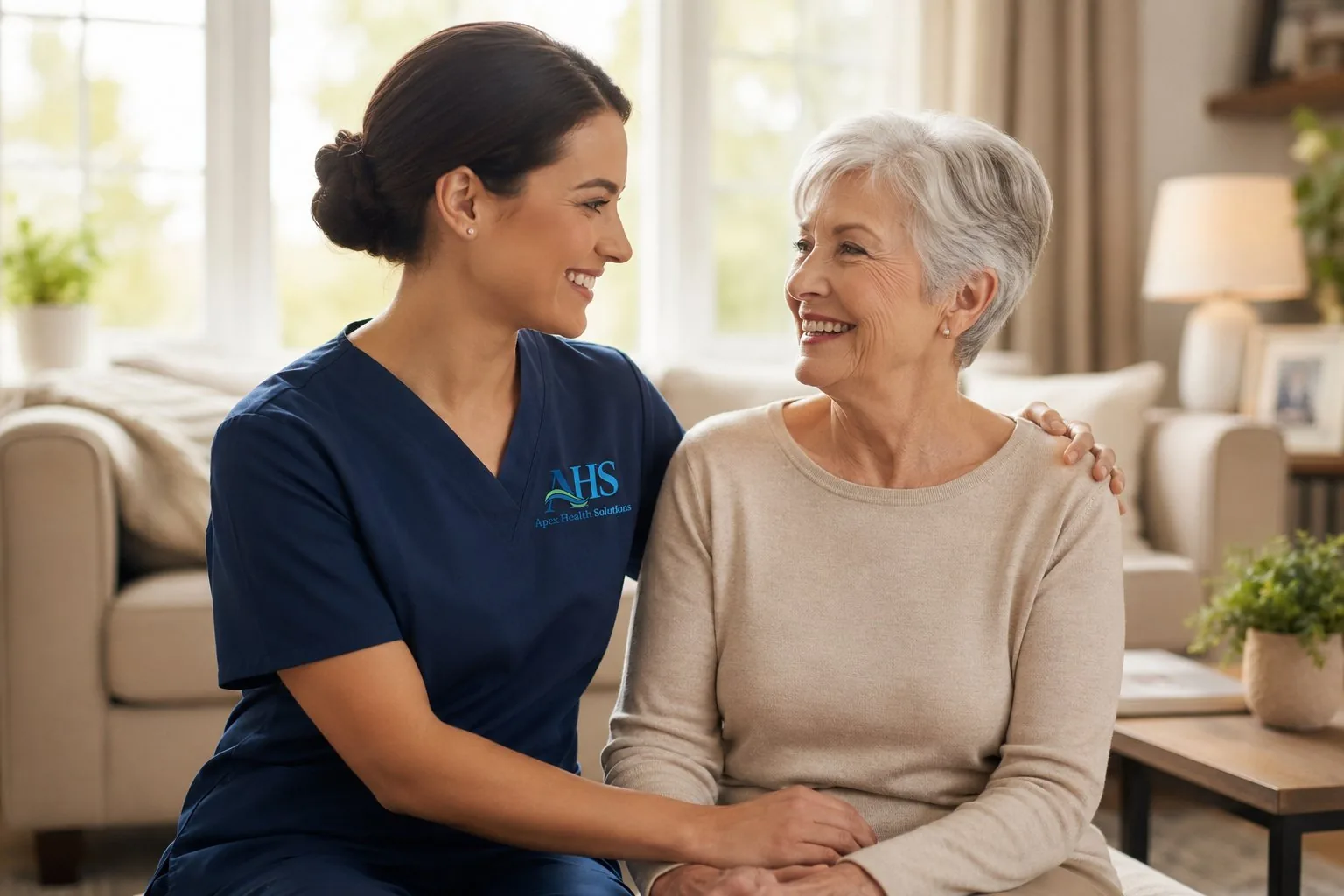 Apex Health Solutions caregiver sharing a warm moment with a client at home
