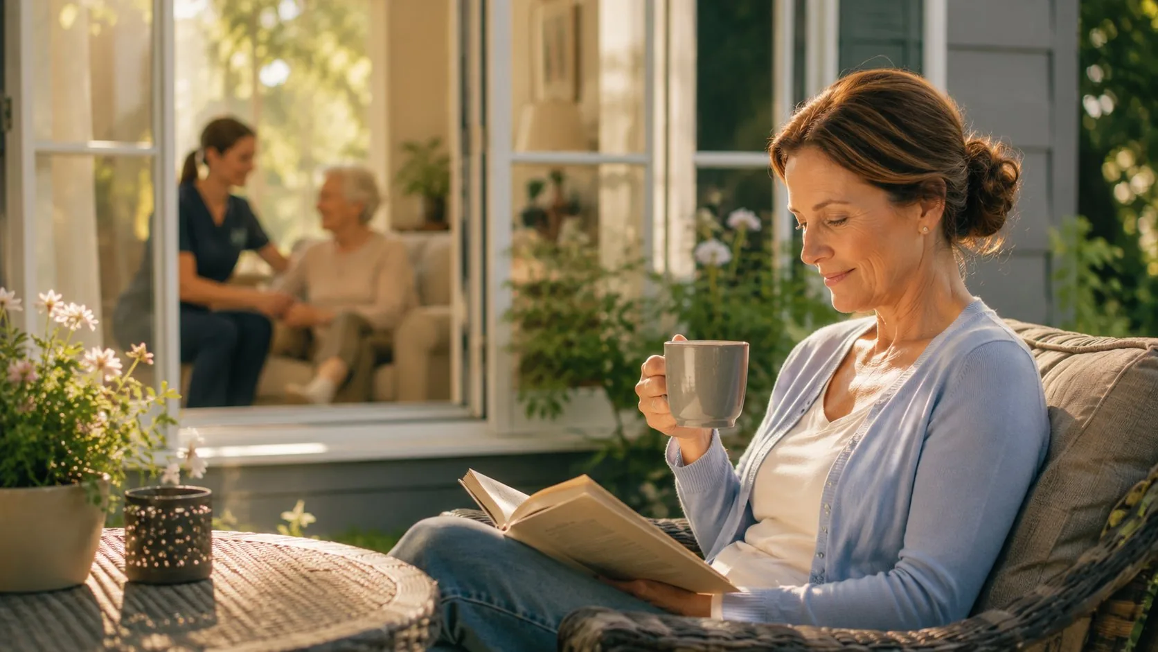 Family relaxing while a caregiver provides respite care